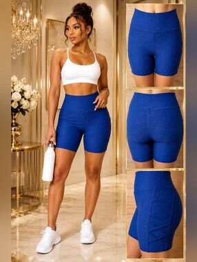 Royal Blue Textured Biker Shorts | High-Waisted Scrunch Butt Active Shorts